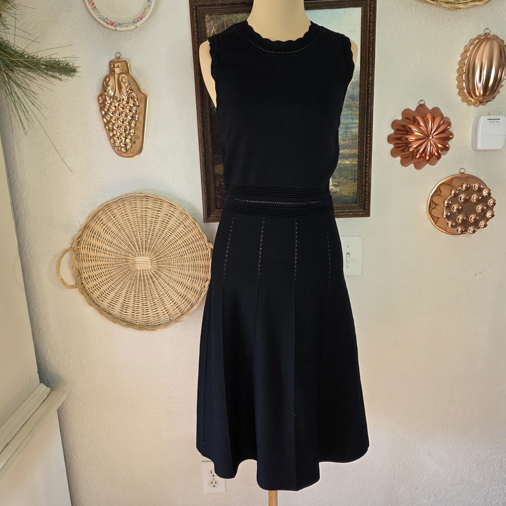 Nicole Miller Preppy Old Money Open Ponte Knit Black Sleeveless A-Line Dress